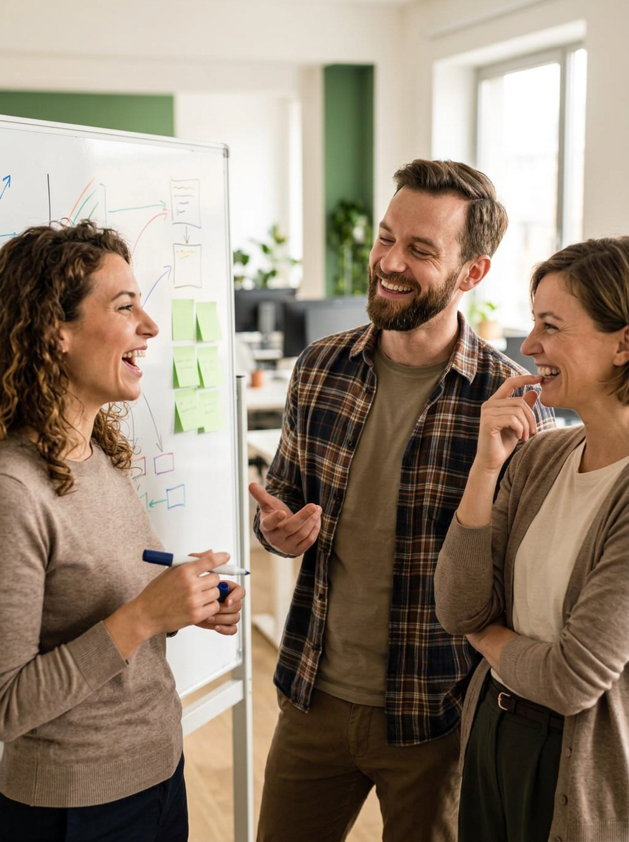 Two women and a man smiling and laughing while brainstorming at a whiteboard in a bright office